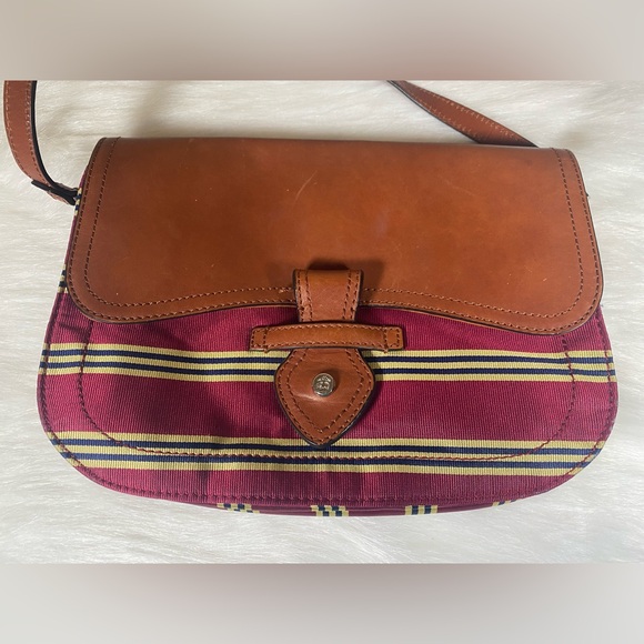 Brooks Brothers Brown Leather Red Multi Striped Fabric Crossbody Bag Purse - Picture 2 of 16